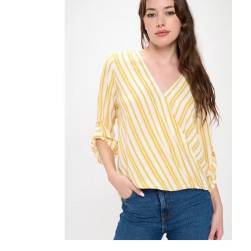 West Kei Yellow White Surplice Rolltab Blouse XL